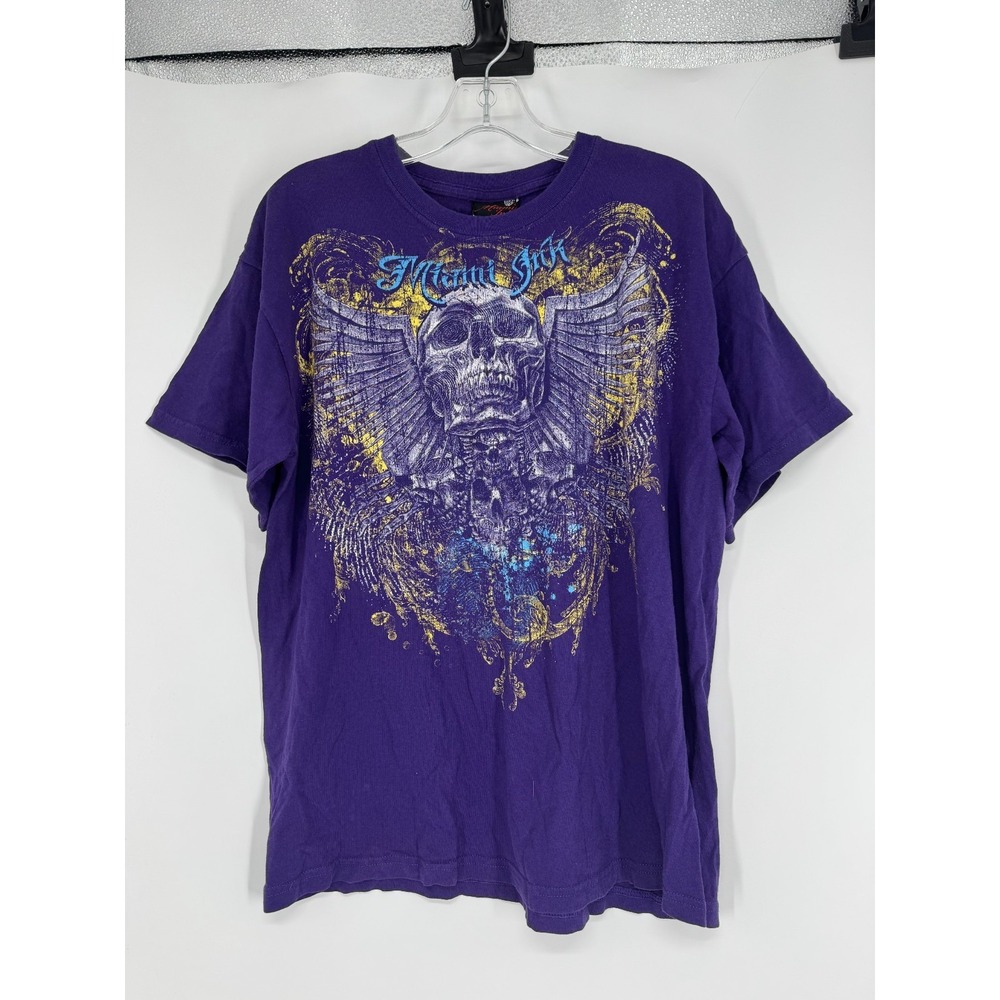 Miami Ink T Shirt Tee Men Large Skull Wings Graphic Print Vintage Y2K Skater AOP